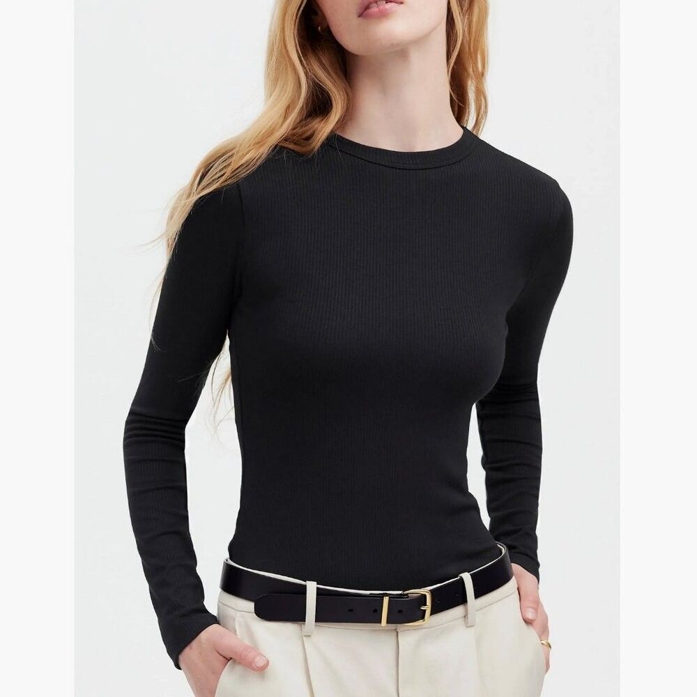 MADEWELL The '90s Long Sleeve Tee In Compact Cotton S Slim Fit Jet Black NWT B36